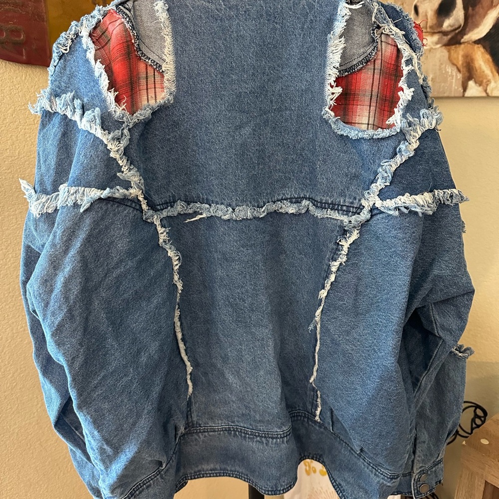 easel Blue Distressed Denim Jacket with Red Plaid Lining - Picture 7 of 7